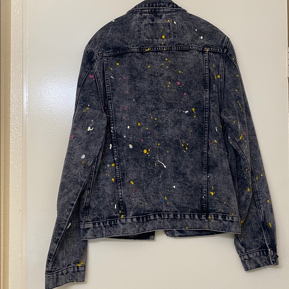 Black Acid-Wash Denim Jacket with Multicolor Paint Splatter - Picture 4 of 4